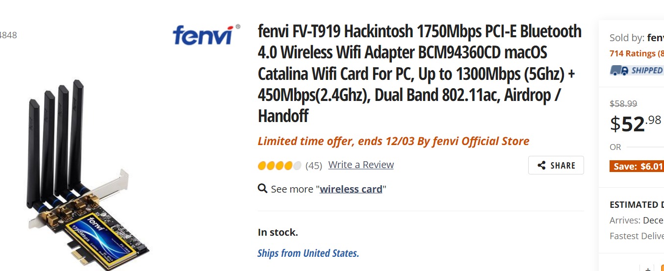fenvi FV-T919 Hackintosh 1750Mbps PCI-E Bluetooth 4.0 Wireless