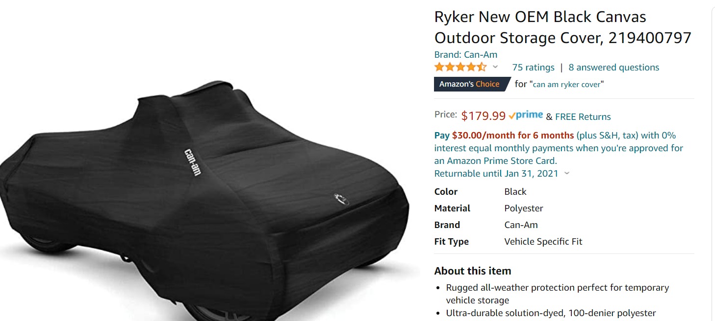 Ryker New OEM Black Canvas Outdoor Storage Cover