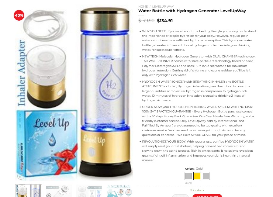 Water bottle with hydrogen generator levelup